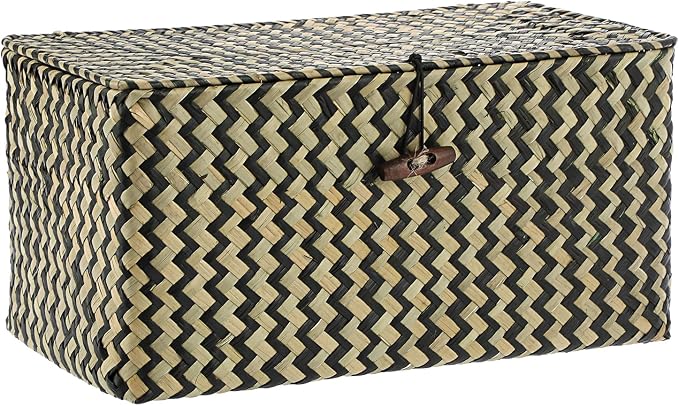 Seagrass Storage Basket Bins with Lid, Handwoven Wicker Shelf Baskets Bin Rectangular Household Basket Organizer Boxes for Shelf Closet Bedroom Home Decor, Whitewash Medium