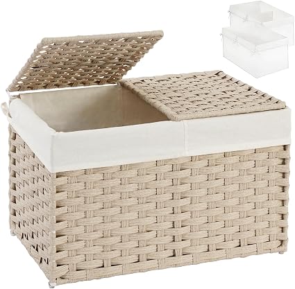 Storage Basket with Lid, PE Rattan Woven Storage Baskets with 2 Separate Lids, 17.2 Gallon (65 L), 22.2 x 13 x 13.8 Inches, 2 Removable Liner Bags Handles for Bedroom, Laundry Room Gray